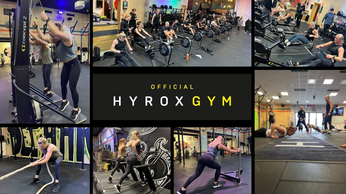 Bildcollage som presenterar 'OFFICIAL HYROX GYM' hos Endorfin, med träningsanläggningar i Alingsås och Lerum. Översta raden visar tre bilder: till vänster en kvinna som tränar med en roddmaskin, i mitten en rad med människor som använder roddmaskiner i synkroniserad takt, till höger några deltagare som utför box jumps. Nedre raden: till vänster en kvinna som gör en battlerope-övning, i mitten en kvinna i rörelse på en löpbandsträning, och till höger ser vi en låg vinkelvy av en sprintbana. Centralt i collage är 'OFFICIAL HYROX GYM' logotypen i gult och vitt mot en svart bakgrund, vilket förstärker Endorfins varumärkesidentitet.