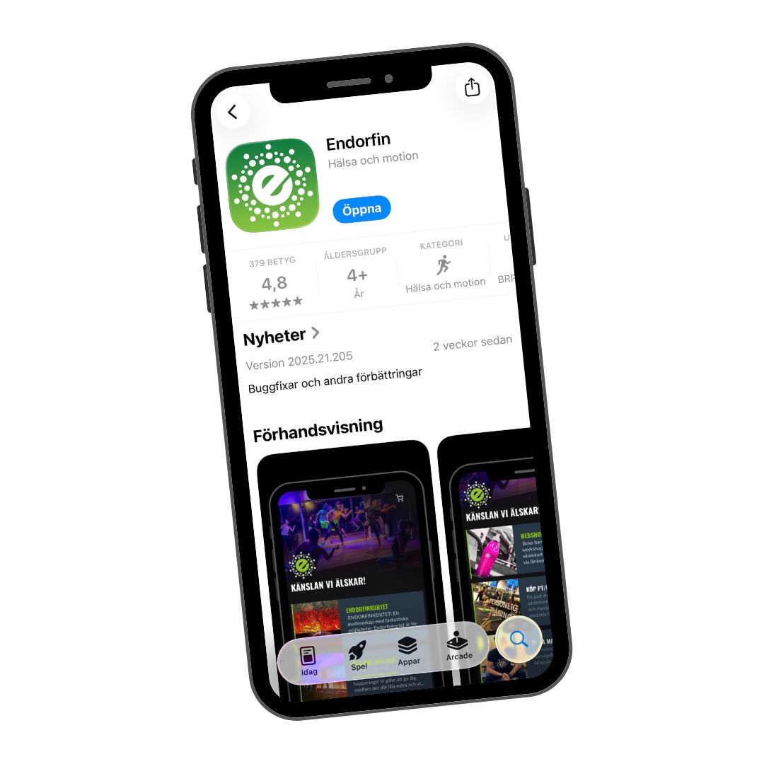 Bild på en smartphone som visar appen 'Club Endorfin' med texten 'Använd samma inlogg som till bokningen för fritt tillgång till mer material.' Skärmen visar också menyvalen 'Program' och 'Pass', där det framgår att användaren kan välja enskilda träningspass att utföra när och hur ofta de vill. Appen är en del av Endorfins digitala tjänster som erbjuds till medlemmar i både Alingsås och Lerum, och bidrar till en flexibel träningsupplevelse.