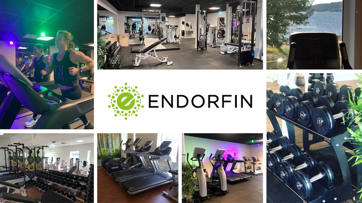 Bildcollage som visar faciliteterna hos Endorfins nyckelgym i Alingsås, där medlemmar kan träna på egen hand. Överst till vänster ser vi en kvinna som joggar på ett löpband under gröna belysningseffekter. Till höger övre raden finns en bild på det rymliga gymmet med träningsutrustning och speglar. I mitten av collaget är Endorfins logotyp framträdande. Nederst till vänster en vy över ett friviktsområde med bänkar och hantlar och till höger en bild på konditionsmaskiner framför ett stort fönster med utsikt över naturen. Bilden representerar den frihet och flexibilitet som Endorfins nyckelgym erbjuder sina medlemmar.