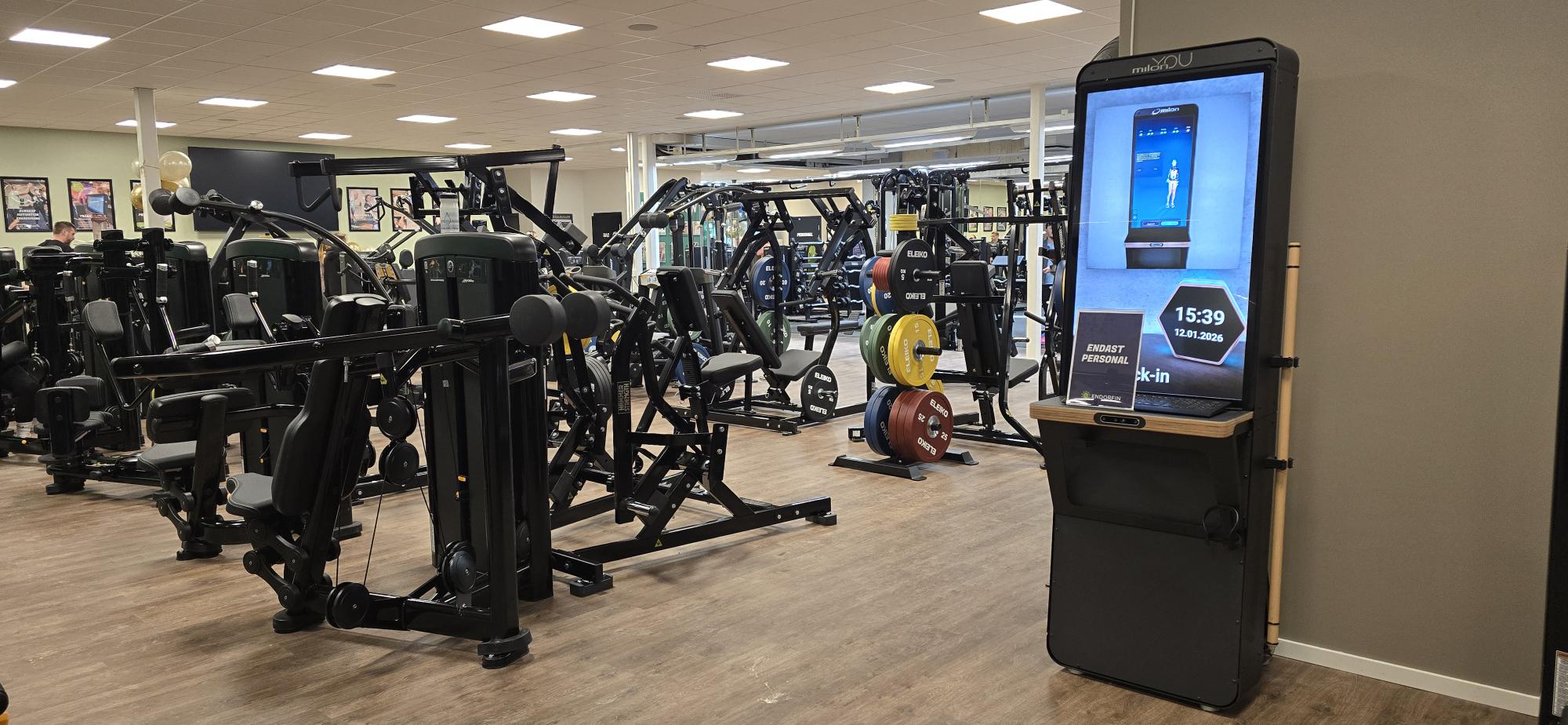 Collage med sex bilder som visar interiören av ENDORFIN gymmet. Överst finns tre bilder: till vänster en vy över ett område med konditionsmaskiner, i mitten cyklar och roddmaskiner i rad, och till höger en man som står bredvid löpband med armarna i kors. I mitten finns gymmets logotyp. Nederst finns tre bilder: till vänster en vy över ett viktlyftningsområde, i mitten en rad med hantlar och en gul kettlebell märkt 'ELEIKO 16', och till höger en del av gymmet med olika träningsmaskiner och gröna växter.