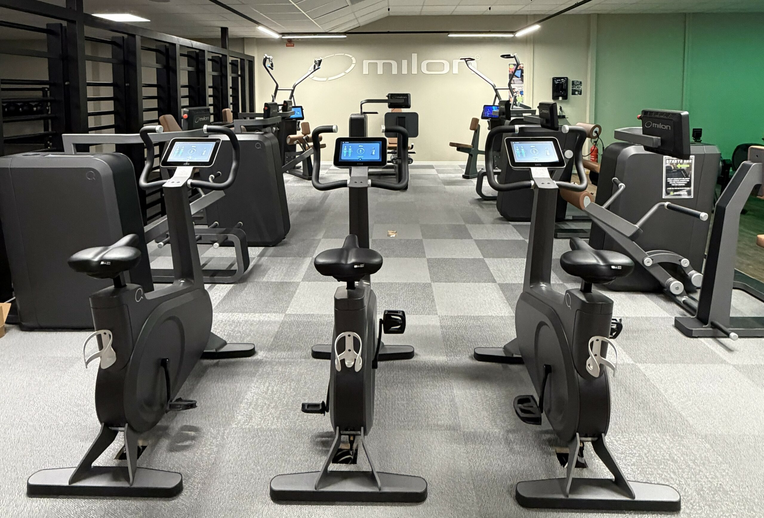 Collage med sex bilder som visar interiören av ENDORFIN gymmet. Överst finns tre bilder: till vänster en vy över ett område med konditionsmaskiner, i mitten cyklar och roddmaskiner i rad, och till höger en man som står bredvid löpband med armarna i kors. I mitten finns gymmets logotyp. Nederst finns tre bilder: till vänster en vy över ett viktlyftningsområde, i mitten en rad med hantlar och en gul kettlebell märkt 'ELEIKO 16', och till höger en del av gymmet med olika träningsmaskiner och gröna växter.